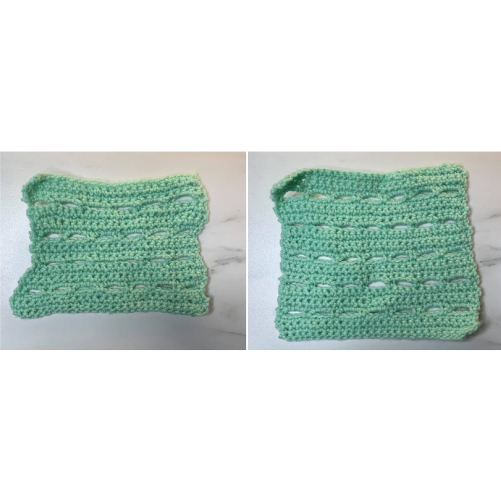 Two of my first crocheted pieces with very wonky edges and uneven stitches.